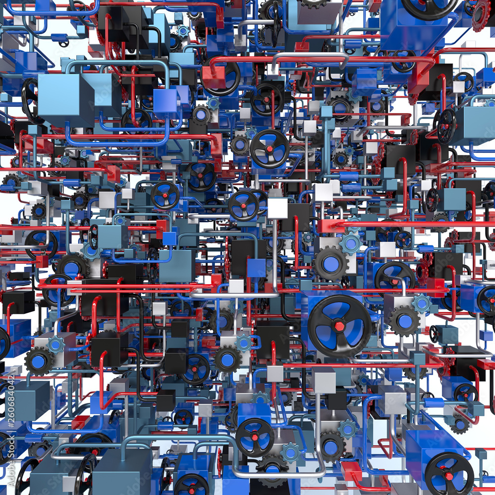 Complex network diagram full screen of pipes and valves Stock