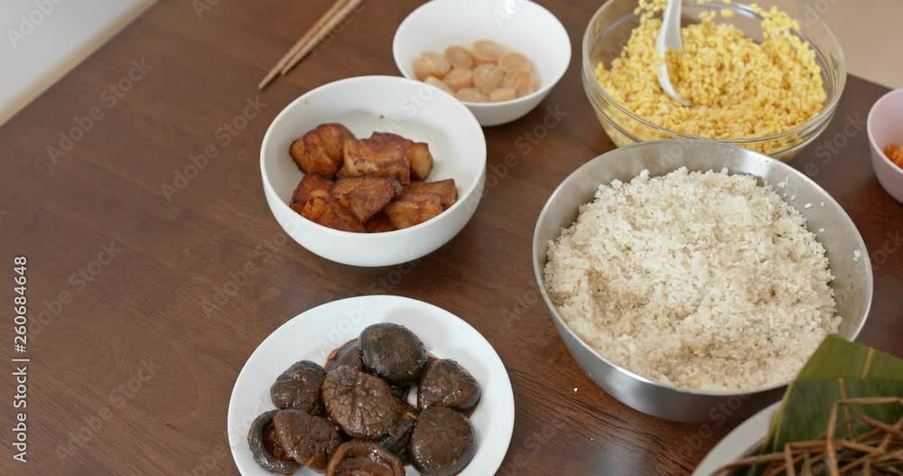 Food prepare for making bamboo sticky rice dumpling at home Food prepare for making bamboo sticky rice dumpling at home