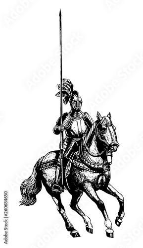 Armoured knight illustration. Mounted knight isolated black and white drawing.