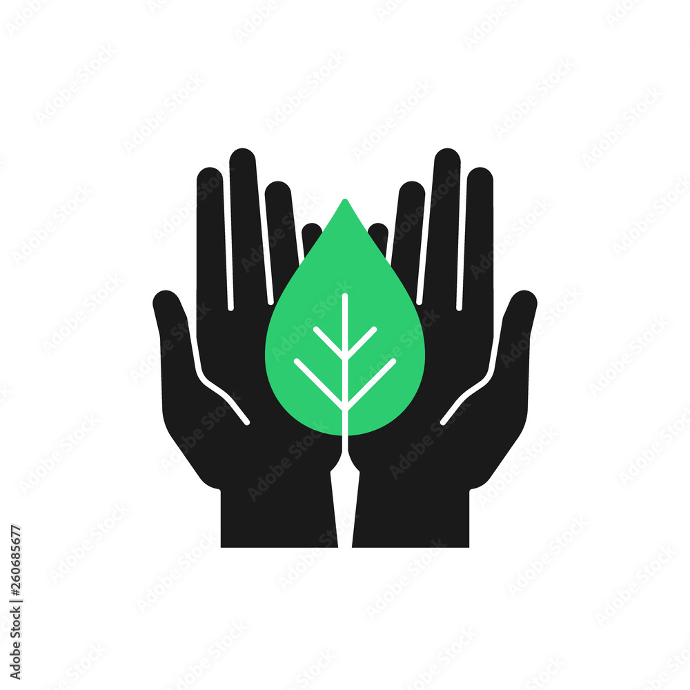Obraz premium Isolated icon of green plant in black hands on white background. Silhouette of leaf and hands. Symbol of care, protection, charity.