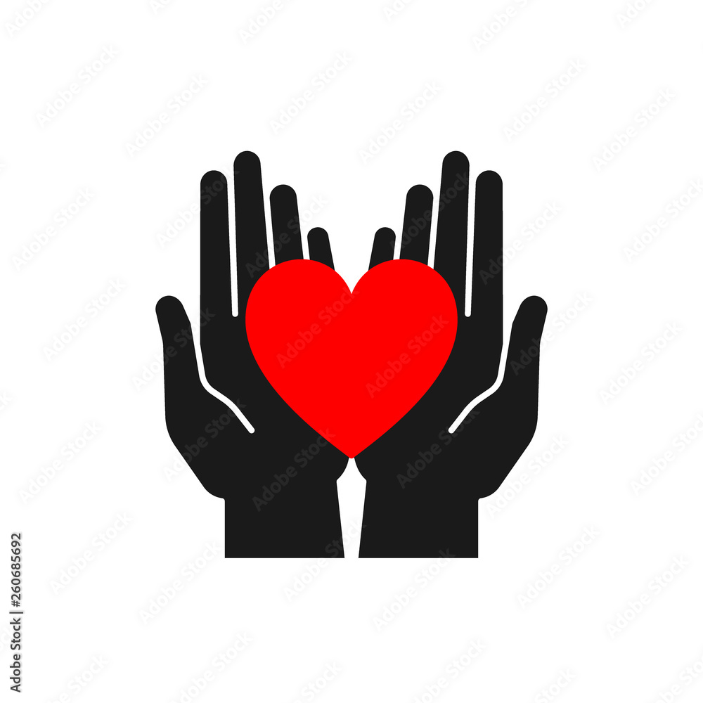 Isolated icon of red heart in black open hands on white background. Silhouette of heart and hands. Symbol of care, love, charity. Isolated icon of red heart in black open hands on white background. Silhouette of heart and hands. Symbol of care, love, charity.