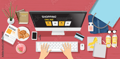 top view shopping online with computer for website,app,supermarket product,printing,banner.vector illustration