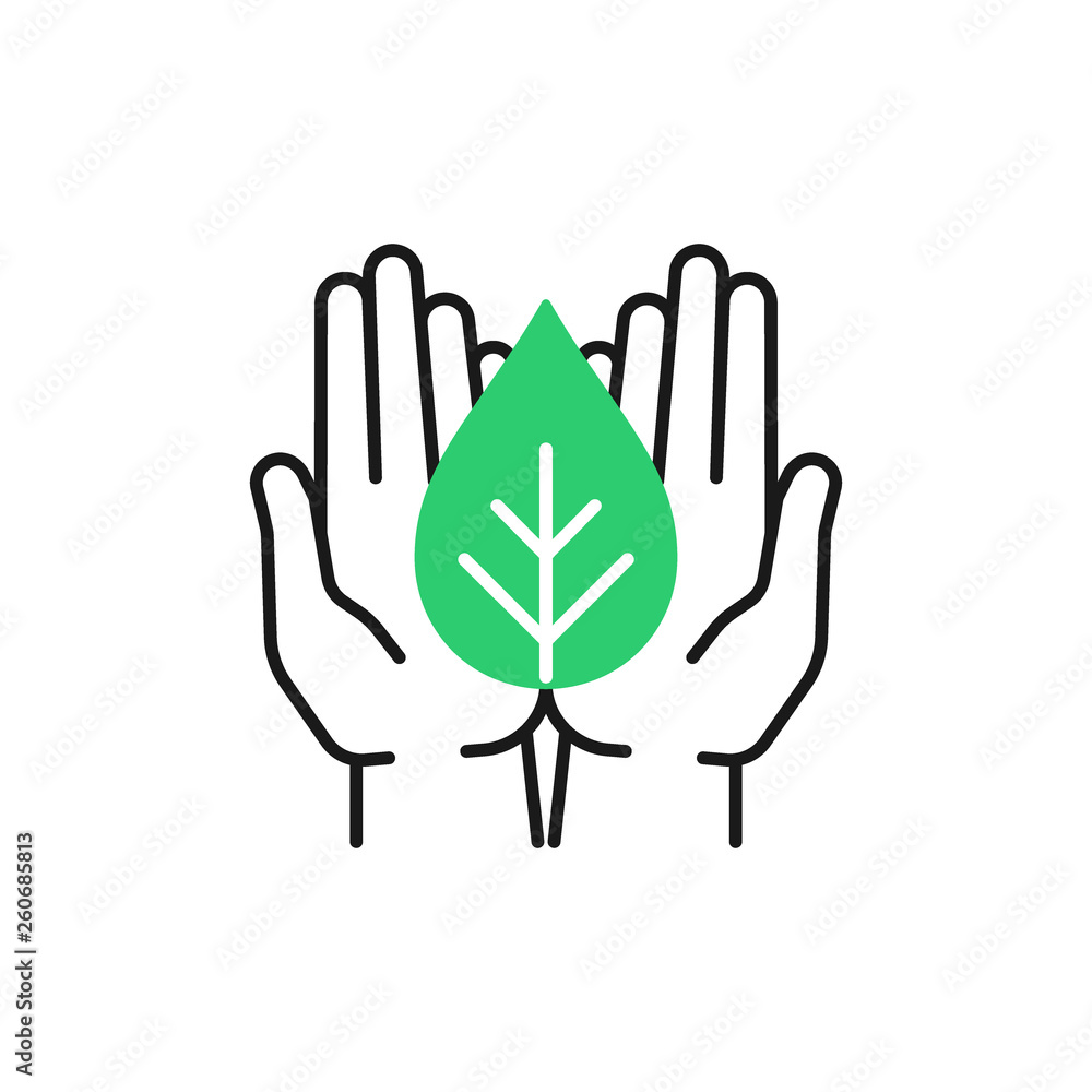 Obraz premium Isolated outline icon of green plant in black open hands on white background. Line icon of leaf and hands. Symbol of care, protection, charity.