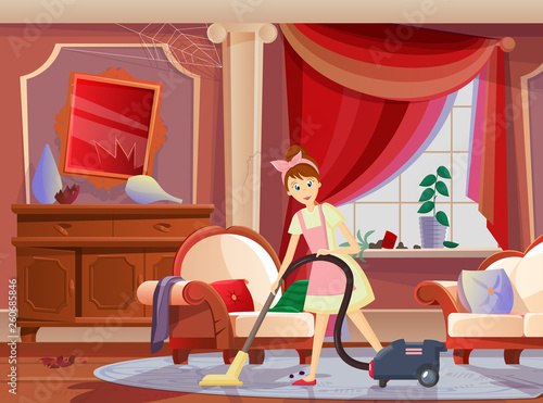 Girl housekeeper, housewife, with a vacuum cleaner in hand.