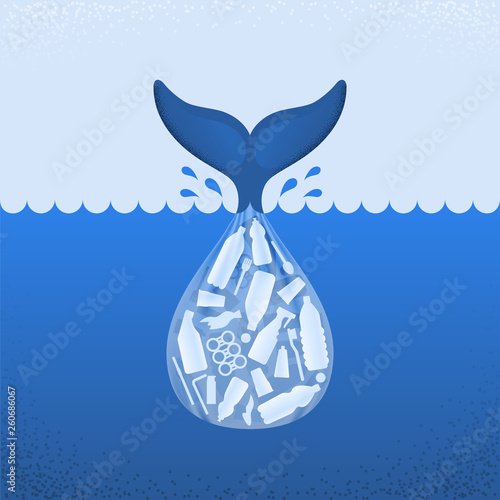 Ocean plastic pollution. Ecological poster. Tail of whale and bag with plastic bottle and garbage on blue background. Plastic problem.