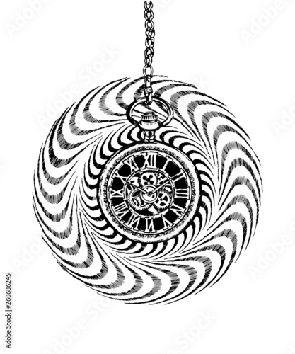 Vintage hand drawn black and white hypnosis retro pocket clock.