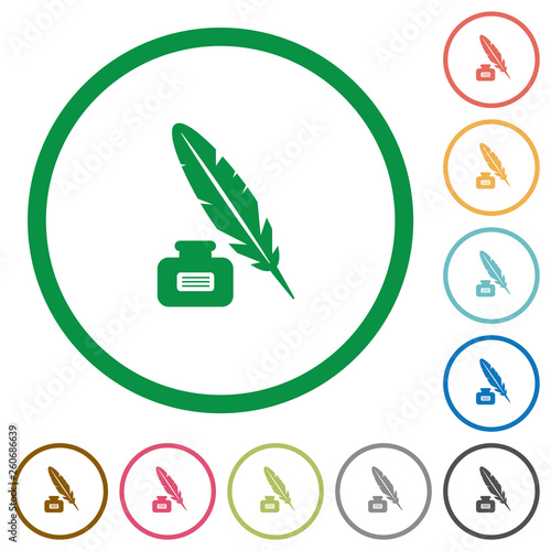 Feather and ink bottle with label flat icons with outlines