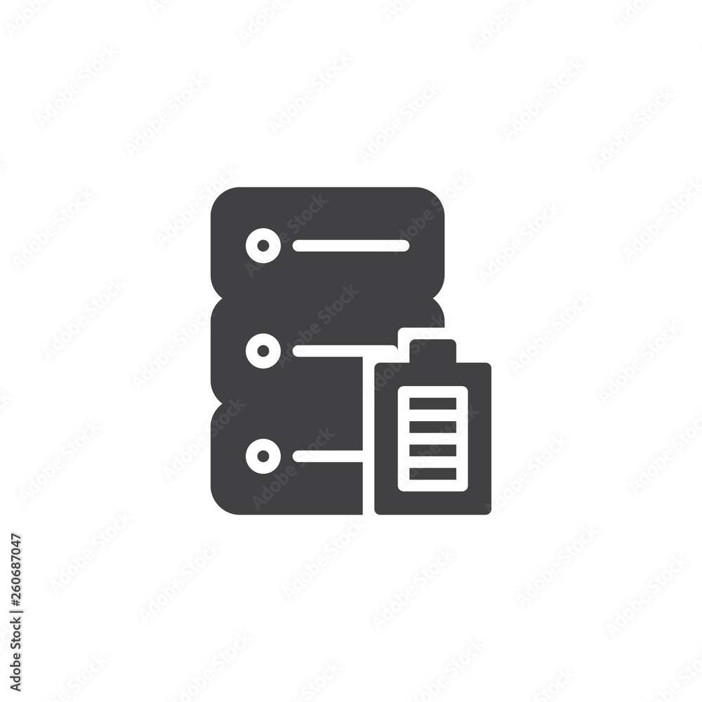 Data server power vector icon. filled flat sign for mobile concept and web design. Database battery charge glyph icon. Symbol, logo illustration. Pixel perfect vector graphics Data server power vector icon. filled flat sign for mobile concept and web design. Database battery charge glyph icon. Symbol, logo illustration. Pixel perfect vector graphics
