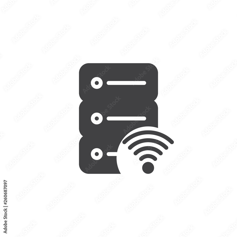 Database server with wifi signal vector icon. filled flat sign for mobile concept and web design. Data server wifi access glyph icon. Symbol, logo illustration. Pixel perfect vector graphics