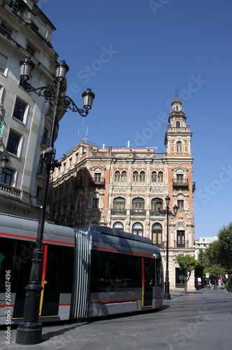 Seville light metro on the city street