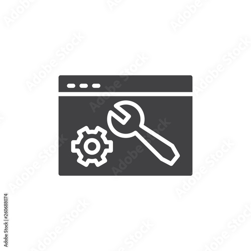 Web settings vector icon. filled flat sign for mobile concept and web design. Website page with wrench and gear glyph icon. Symbol, logo illustration. Pixel perfect vector graphics