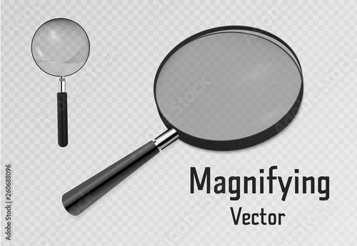Set of 3D Realistic magnifier. Magnifying glass tool for research and search for your design. Isolated on transparent background illustration.