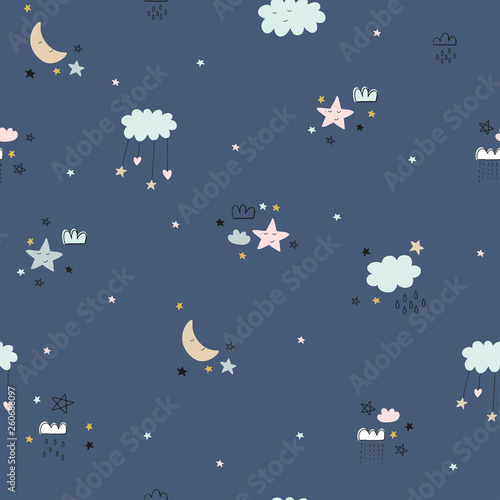 Cute seamless pattern for kids  baby apparel  fabric  textile  wallpaper  bedding  swaddles with stars  clouds  hearts  moon