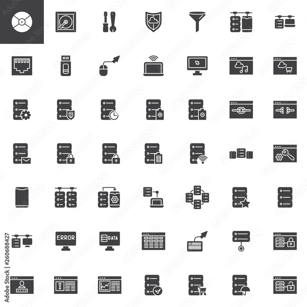 Database system vector icons set, modern solid symbol collection, filled style pictogram pack. Signs, logo illustration. Set includes icons as data protection, data storage analysis, flash drive pen Database system vector icons set, modern solid symbol collection, filled style pictogram pack. Signs, logo illustration. Set includes icons as data protection, data storage analysis, flash drive pen