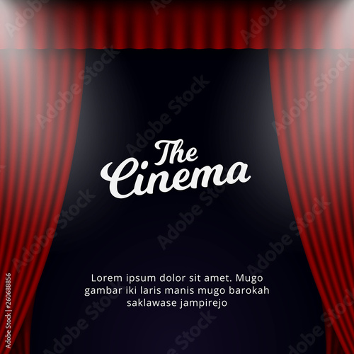 Cinema grand opening poster background template. Opened theater curtain with spotlights illustration design.