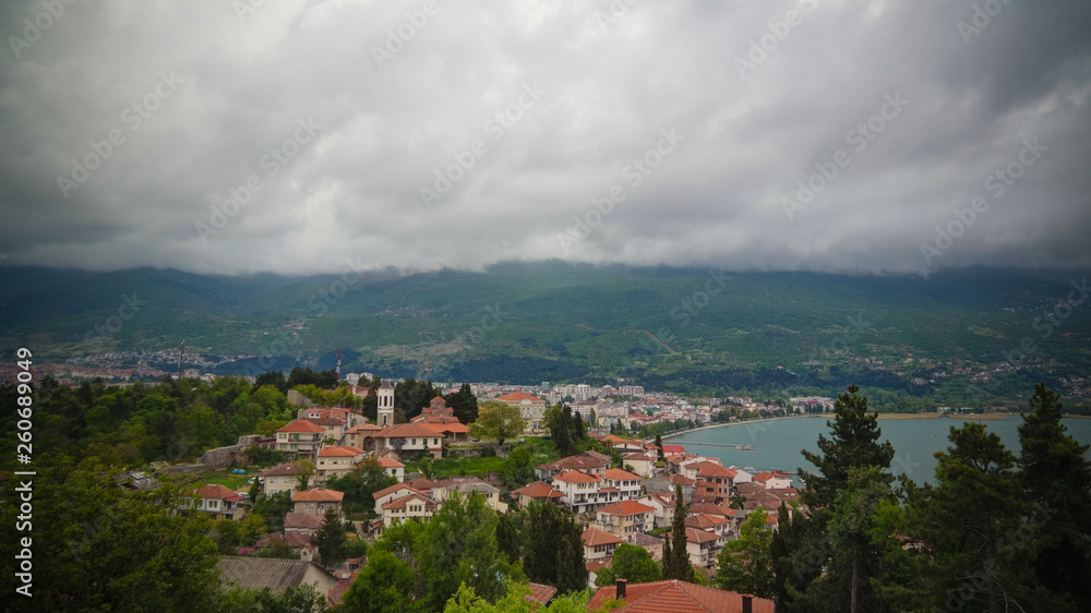 Fototapeta premium Panoramic aerial view to Ohrid lake and city from Samuels Fortress, North Macedonia