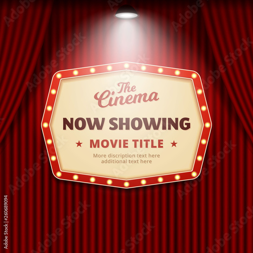 Now showing movie in cinema poster design. retro theater sign with spotlight and red curtain background vector illustration