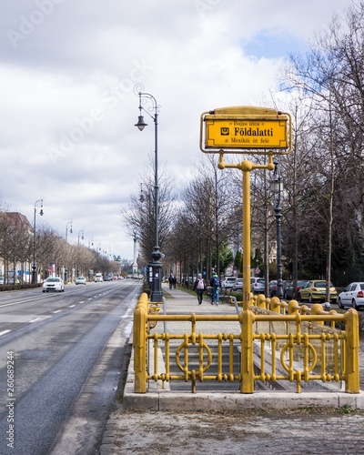Photography the sign of the metro stop of metro line m1 in Budapest