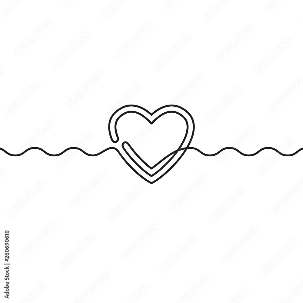 Continuous line drawing of heart and wavy line, Black and white vector minimalist illustration of love concept made of one line Continuous line drawing of heart and wavy line, Black and white vector minimalist illustration of love concept made of one line