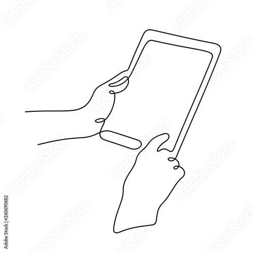 Hands using digital tablet continuous line vector illustration