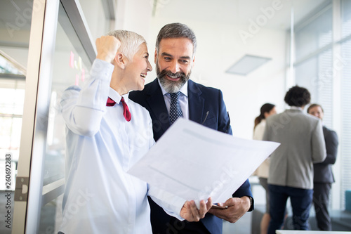 Happy mature businessman and businesswoman planning in office