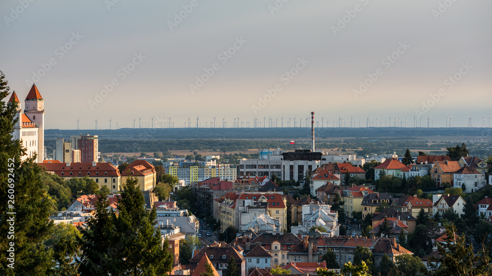 Bratislava, Slovakia - September, 2015: Old town of Bratislava in the evening with a lot of windmills on the horizon