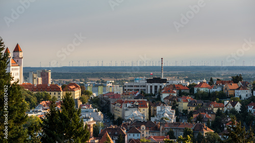 Bratislava, Slovakia - September, 2015: Old town of Bratislava in the evening with a lot of windmills on the horizon