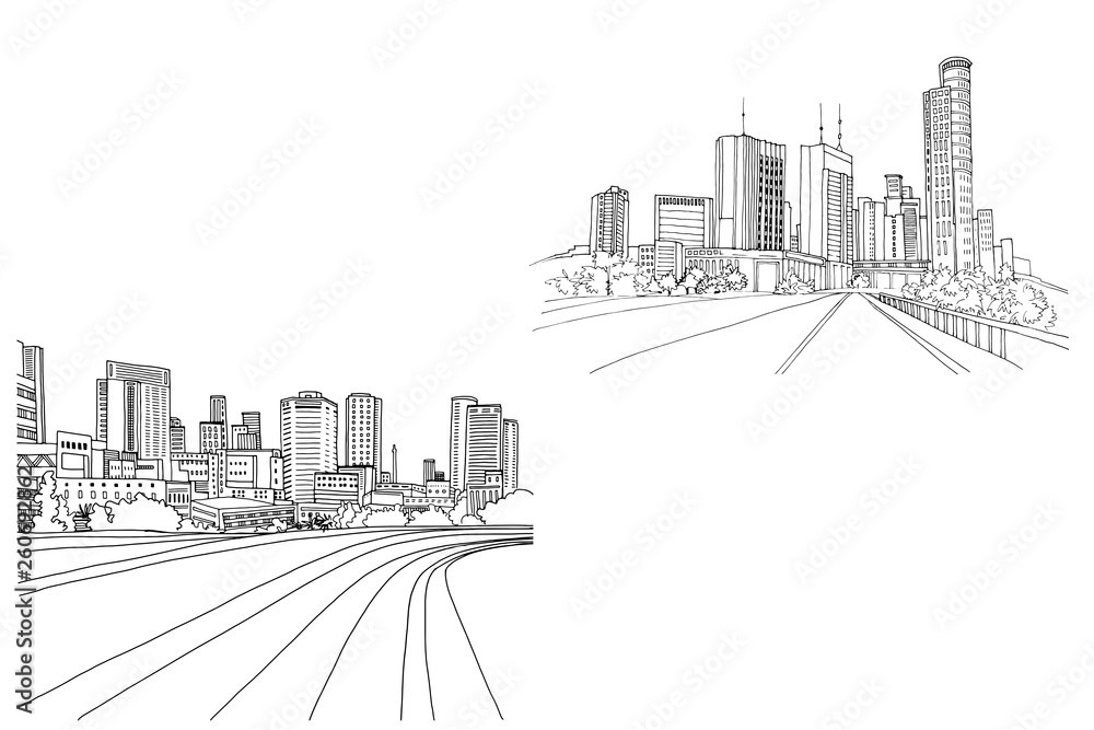 Modern urban landscapes. Hand drawn line sketches. Tel Aviv, Israel. Vector illustration on white