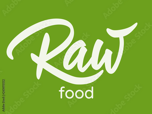 Raw food - hand lettering design with font. White inscription on green background. Vector illustration.