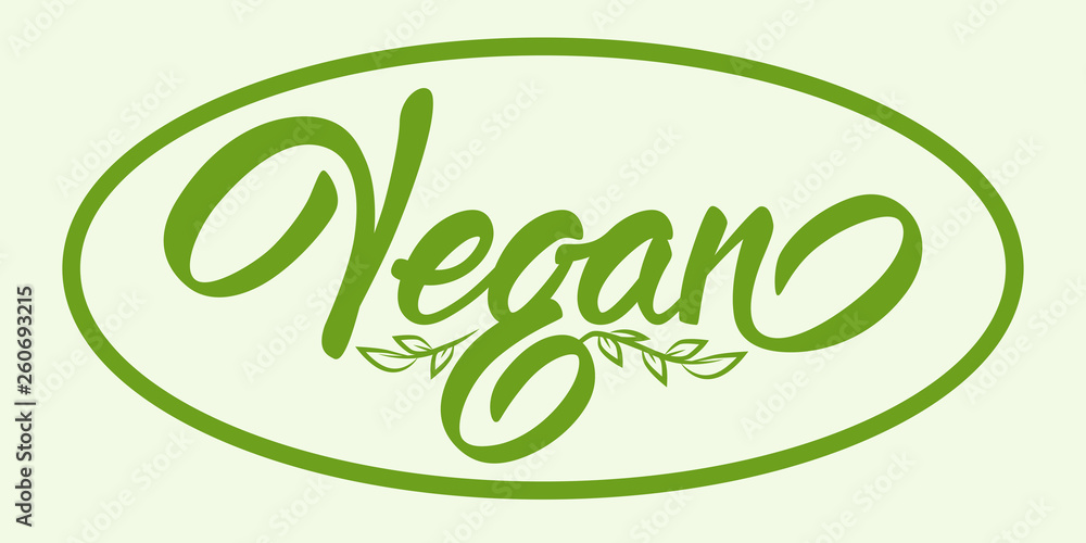 Vegan shop emblem - hand lettering design in elipse frame. Green inscription on white background. Vector illustration. Vegan shop emblem - hand lettering design in elipse frame. Green inscription on white background. Vector illustration.