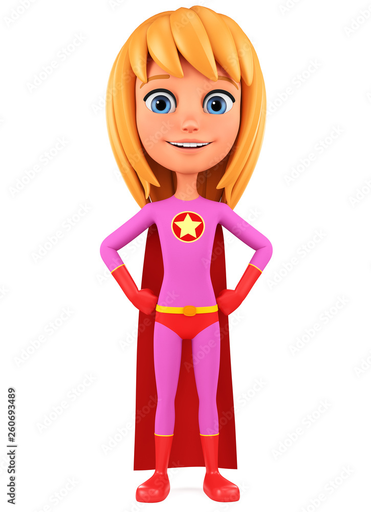 Character cartoon girl in costume hero hands in hips. 3d rendering. Illustration for advertising. Character cartoon girl in costume hero hands in hips. 3d rendering. Illustration for advertising.