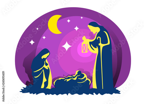 Nightly christmas scenery mary and joseph in a manger with baby Jesus and star light in night scene vector design