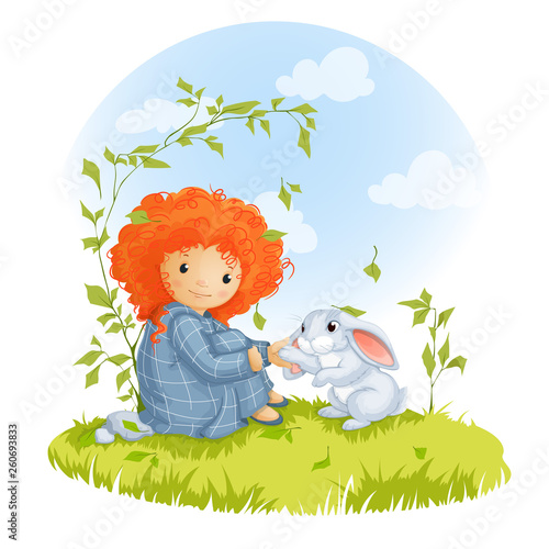 Curly red-haired girl and hare sitting on a meadow  best friends.