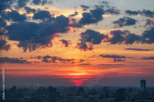 Ekaterinburg  Russia - Jule  2018  Panoramic shot of cityscape view megalopolis after sunset with beutiful clouds