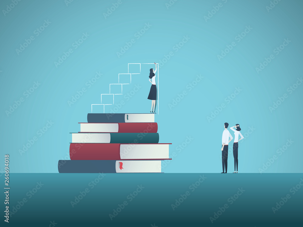 Power of education and knowledge vector concept. Girl, woman standing on top of books drawing steps. Symbol of ambition, motivation, confidence, excellence, talent and skill. Power of education and knowledge vector concept. Girl, woman standing on top of books drawing steps. Symbol of ambition, motivation, confidence, excellence, talent and skill.