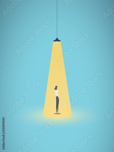 Business hiring and recruitment vector concept with businesswoman standing in bright yellow spotlight. Symbol of new career, headhunting, employment, new opportunity.
