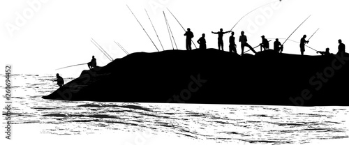 large fishermen group silhouettes isolated on white
