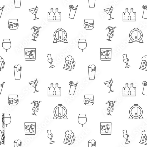 Drink icons seamless pattern grey vector on white background. Collection Of beer, wine, bottle, cocktail, oak barrel. Template for design fabric, backgrounds, wrapping paper.