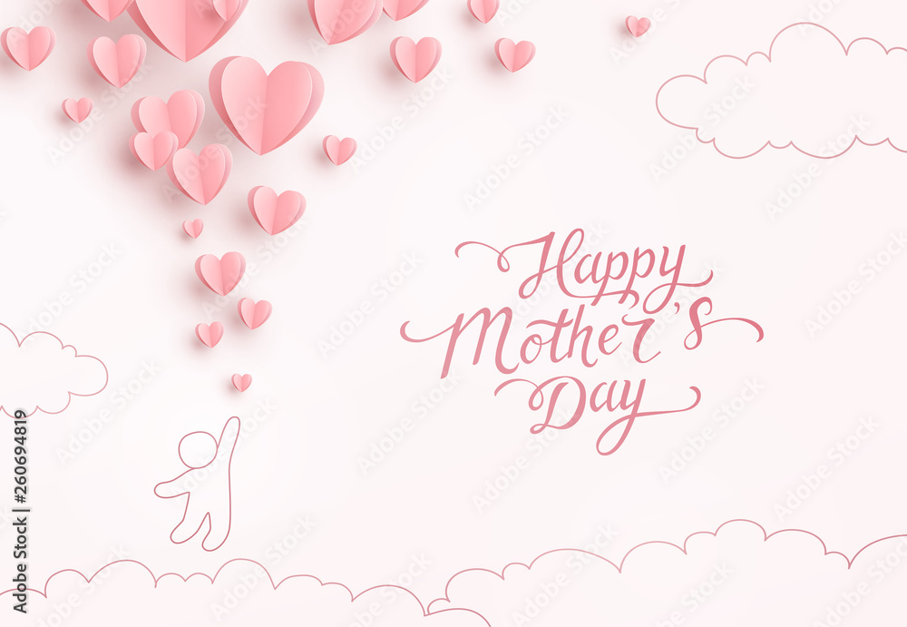 Postcard with paper flying elements and child on pink cloudy background. Vector symbols of love in shape of heart for Happy Mother's Day greeting card design.