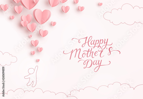 Postcard with paper flying elements and child on pink cloudy background. Vector symbols of love in shape of heart for Happy Mother's Day greeting card design.