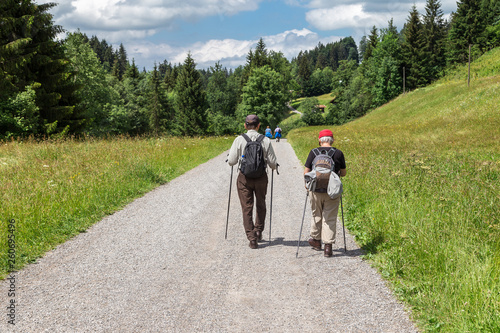 Old and fit. Seniors hiking in the Trettach valley near Oberstdorf, Allgau, Bavaria.
