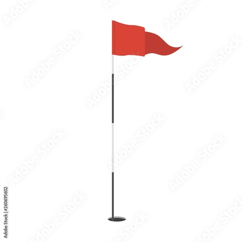 Red triangular golf flag in the hole icon. Golf equipment or accessory. Template design for sport competition.