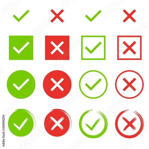 Set of chek marks. Green tick and red cross. YES or NO accept and decline symbol. Buttons for vote, election choice. Empty, square frame, circle and brush. Check mark OK and X icons.