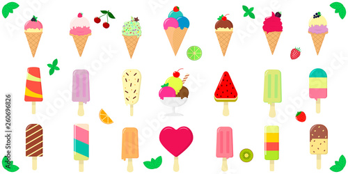Mega set collection of twenty-one types of various sweet ice-cream, in a waffle cup and on a stick, juicy fruits and berries on a white background and text. Flat style vector illustration