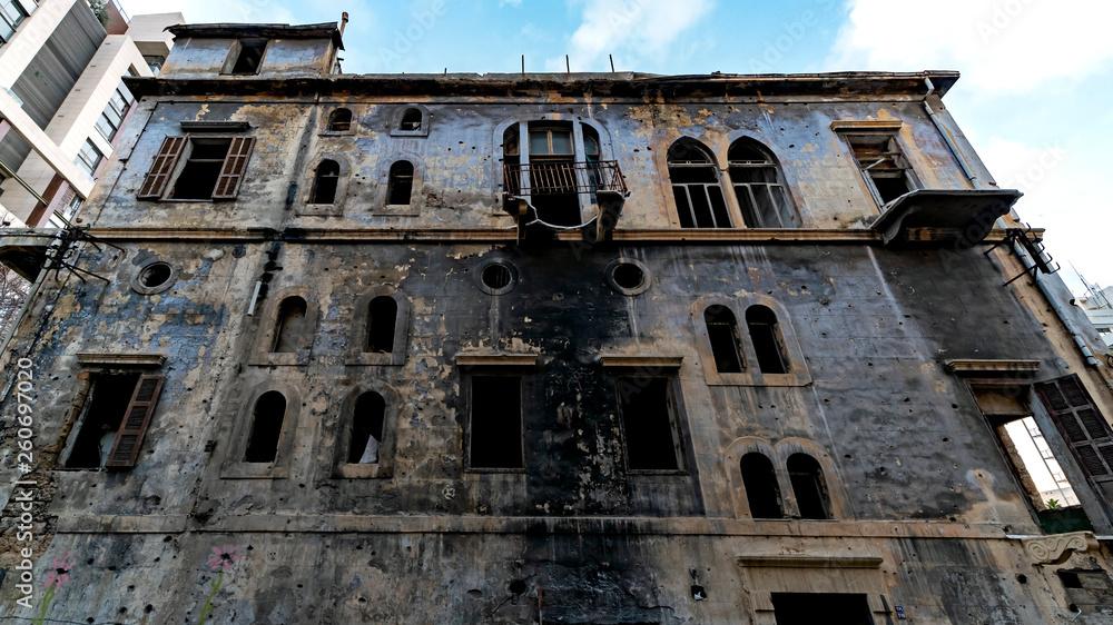 Fototapeta premium The scars of Lebanese Civil War are still visible in the ruined mansions of Central Beirut