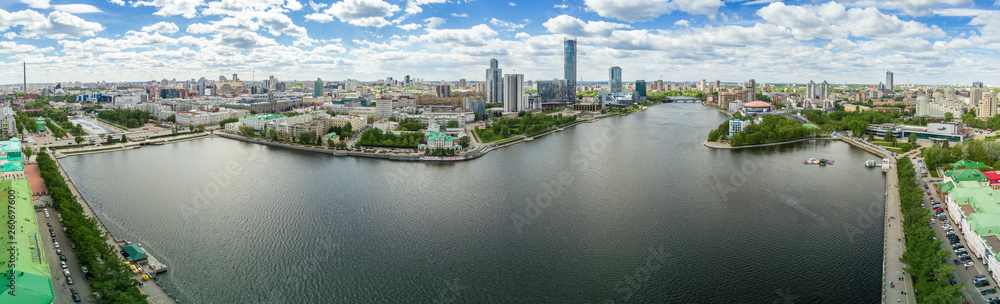 Aerial gigapixel panoramic shot of the Yekaterinburg city centre at sunny summer day