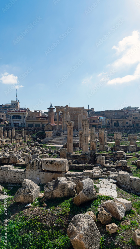 Temple of Venus and ancient Roman ruins in the modern day city of Baalbek, Lebanon
