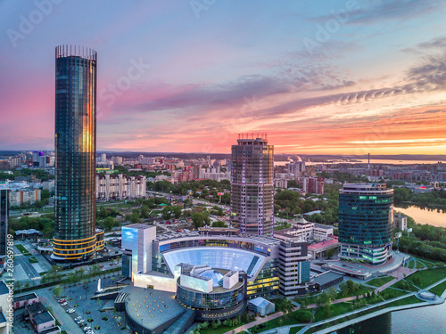 Aerial shot of the Yekaterinburg city centre at sunny summer evening photo