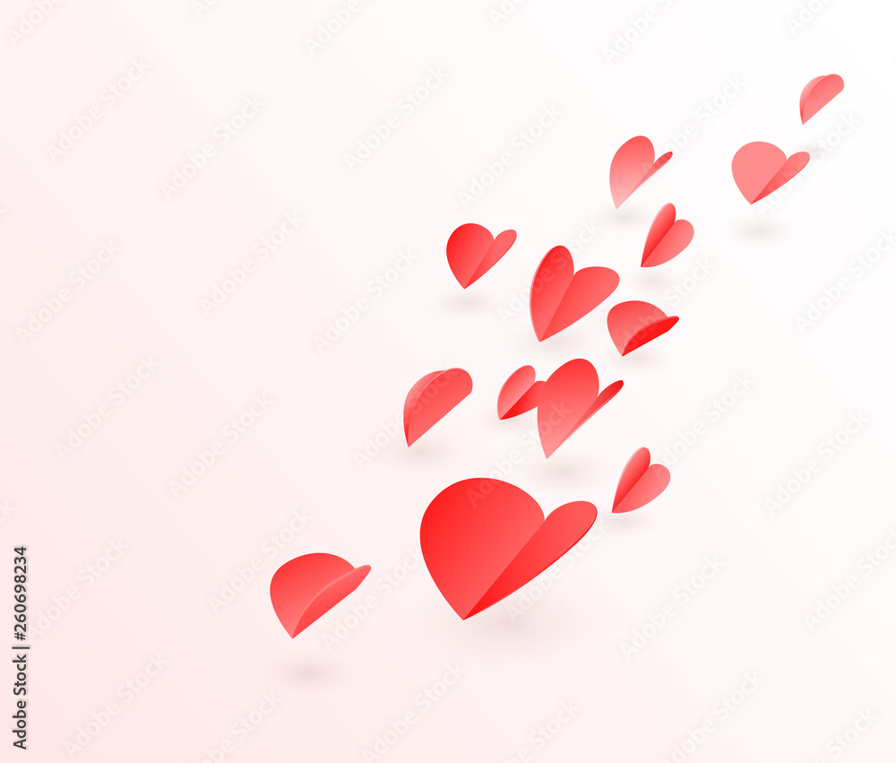 Flyed hearts with shadow on light background