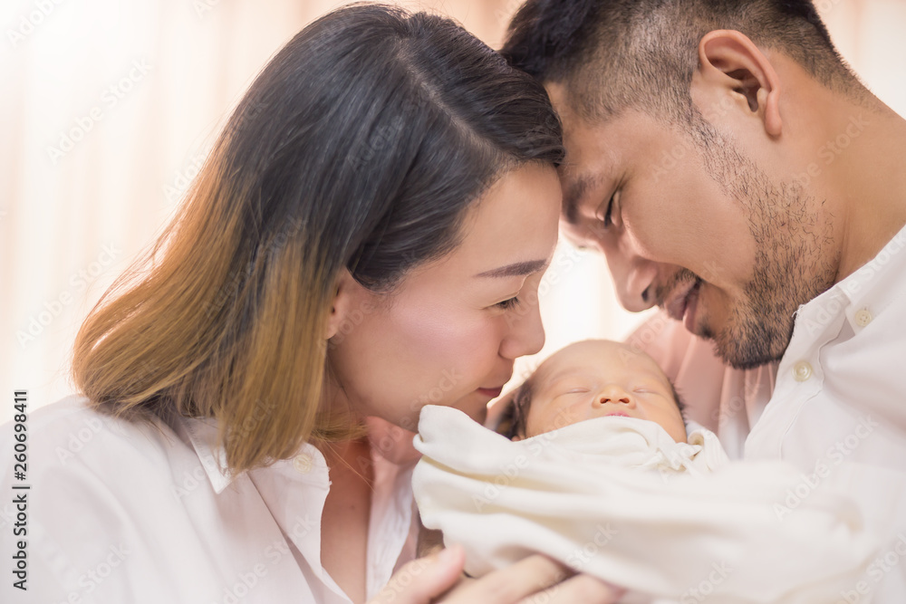 Asian parents newborn baby, Close up portrait of asian young couple